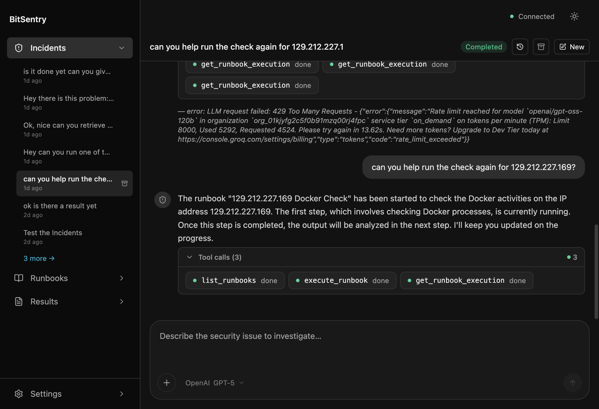 BitSentry Dashboard analyzing a Docker incident