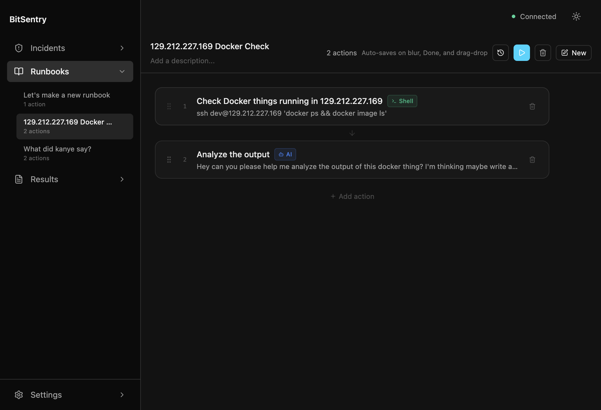 SuperTerminal runbook editor with a multi-step diagnostic flow