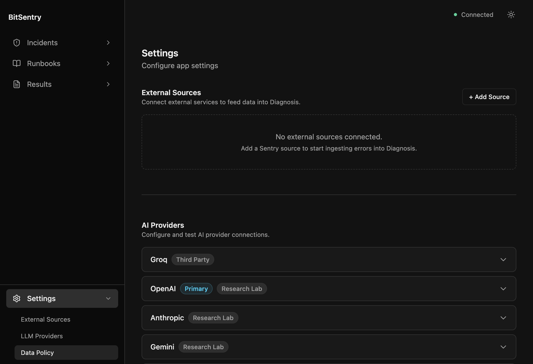 SuperTerminal settings for configuring AI providers with your own API keys